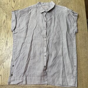 M Rena Small Gray Linen Short Sleeve Button Down Top Shirt Casual‎ Blouse